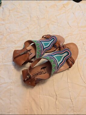 Pikolinos Brown Leather Sandals with Blue & Green Beaded Detail